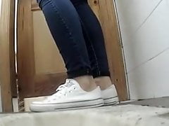 Beautiful teen with pad all over rest room